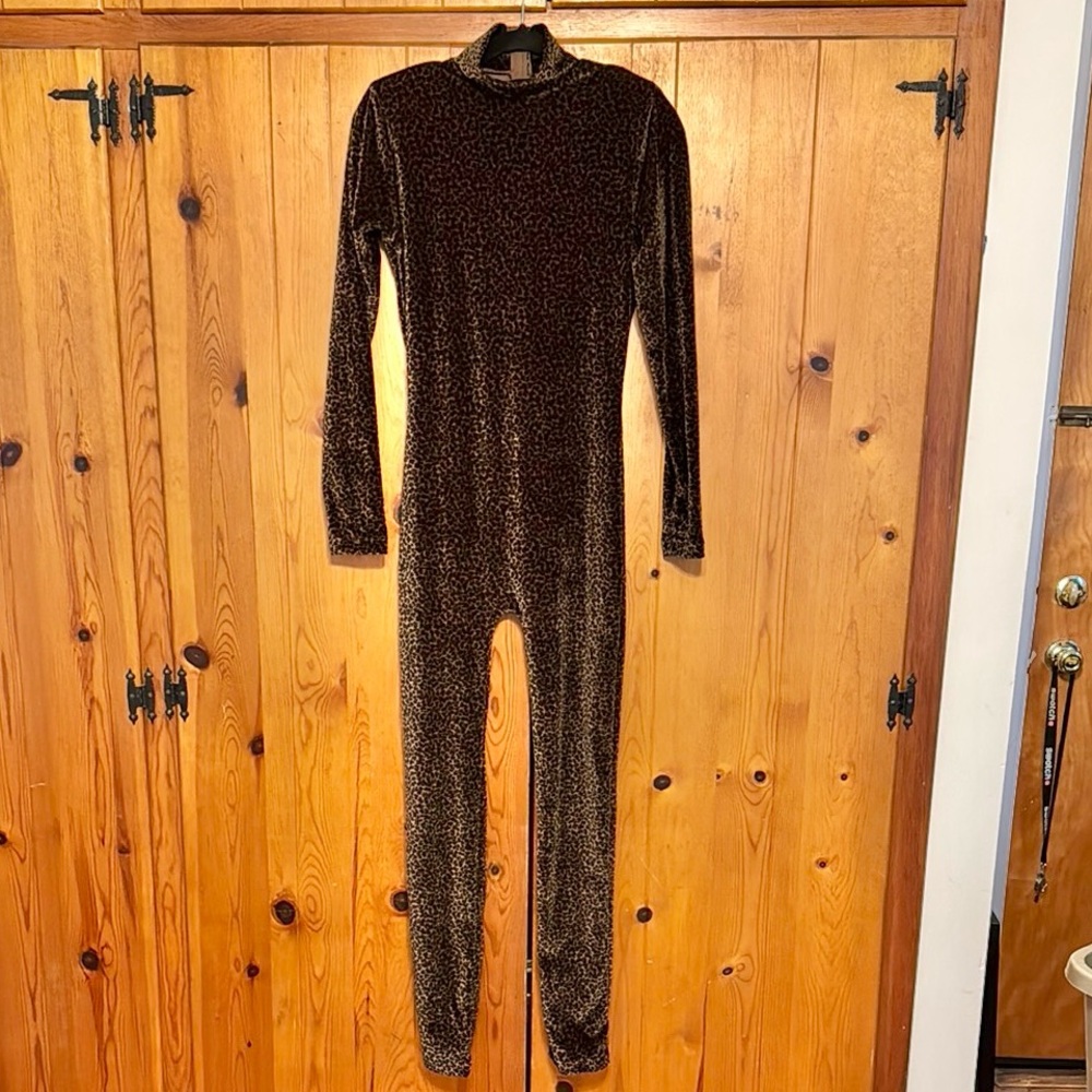 90s Leopard Print Stretch Velvet Long Sleeve Jumpsuit
